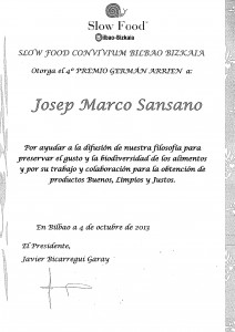 IV Premio Slow Food Bilbao Bizkaia 2013 Germán Arrien concedido a Josep Marco Sansano